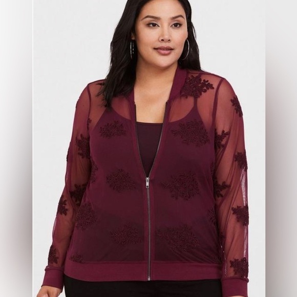 Torrid Burgundy Mesh Embroidered Bomber Jacket size: 3 - Picture 1 of 10